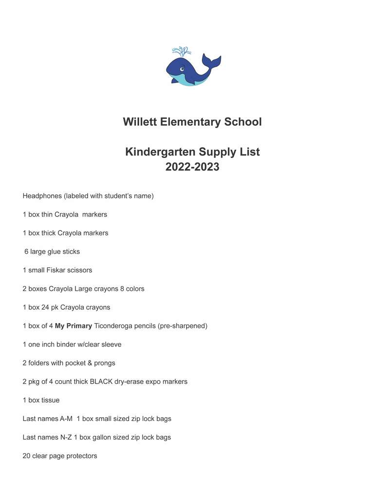 Kindergarten Supply List - page 1