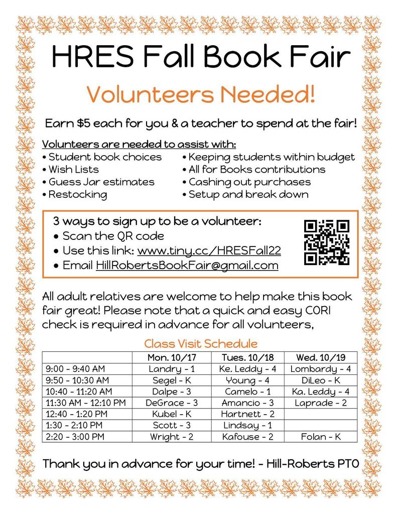 HRES Fall Book Fair Volunteer Flyer
